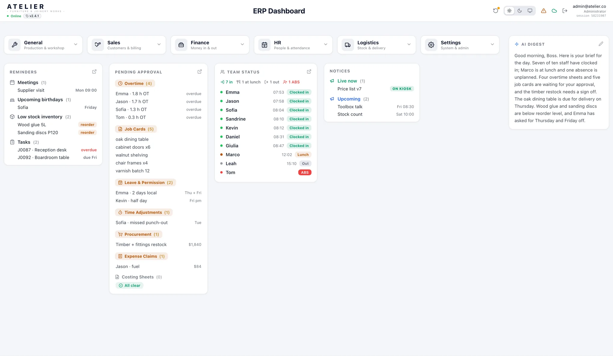 A NexOps-built ERP dashboard branded for a joinery workshop: module navigation, reminders, pending approvals, live team clock-in status, notices and a morning digest