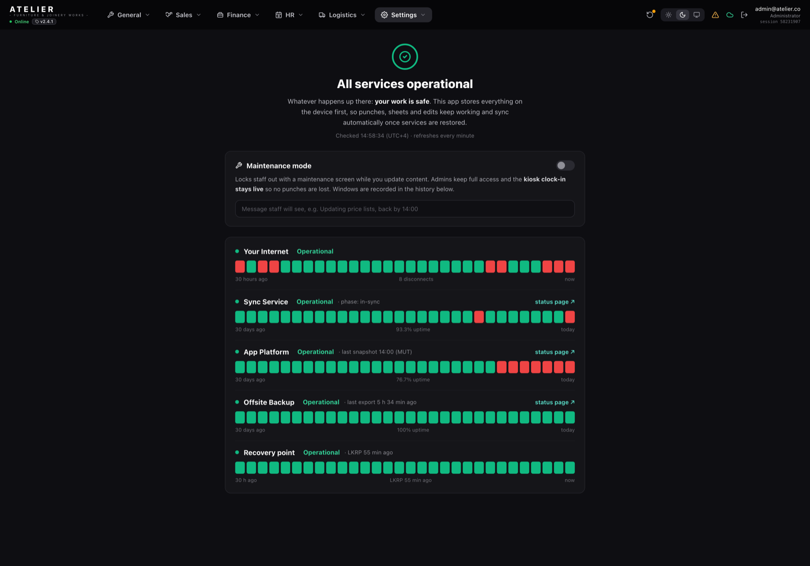 A live service status page with uptime bars for internet, sync, platform, backups and recovery point
